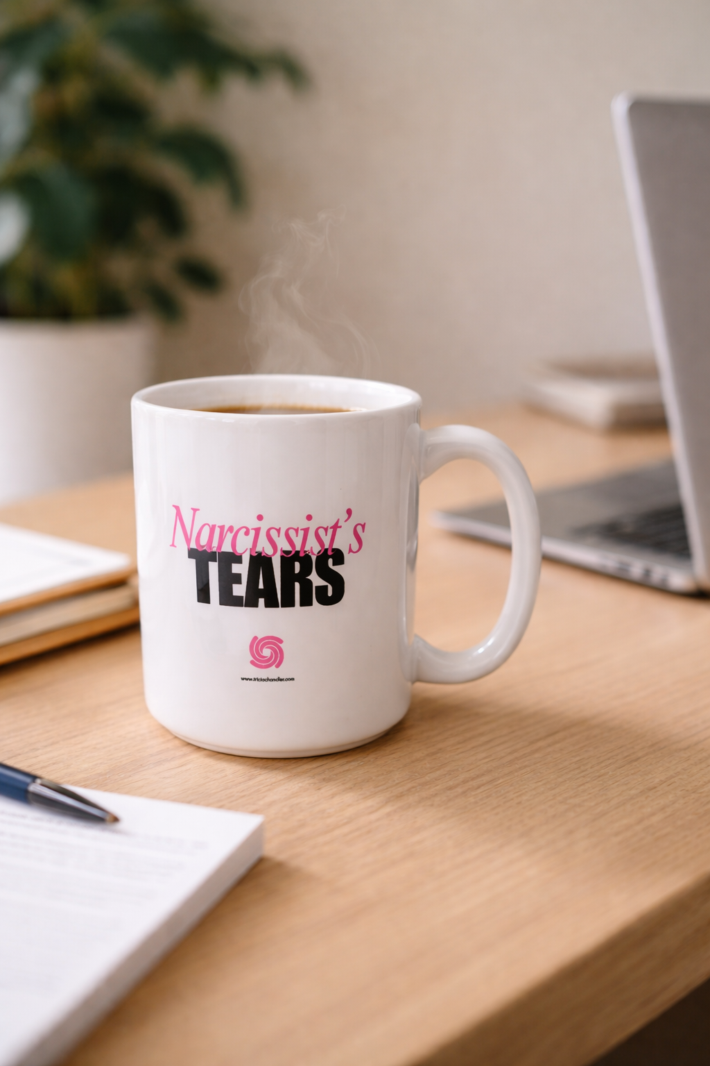 “Narcissist’s Tears” coffee mug reflecting Tricia Chandler’s work in narcissistic abuse recovery.