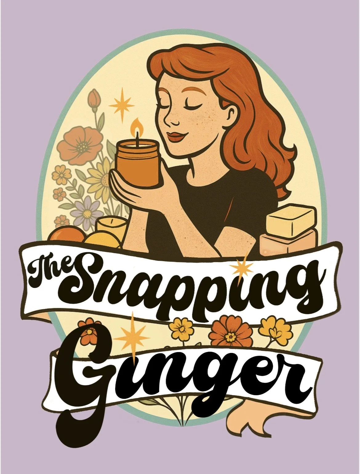 Illustration of a woman with red hair holding a candle, surrounded by flowers, soap, and herbs, with text 'The Snapping Gunger' on banners.