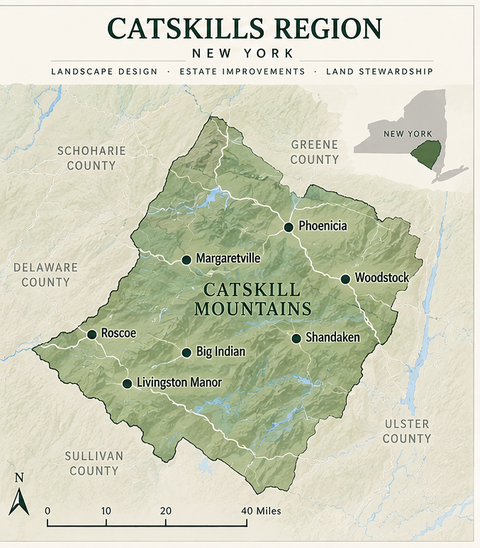 Map of Catskill Mountains in New York, showing towns including Phoenicia, Woodstock, Margaretville, Roscoe, Big Indian, Shandaken, Livingston Manor; borders counties; features lakes and rivers; inset of New York state with Catskills highlighted; title and labels for landscape design, estate improvements, land stewardship; compass and scale included.