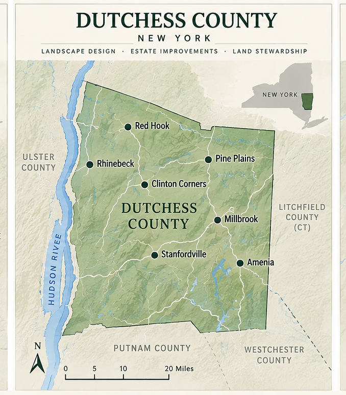 Map of Dutchess County, New York, showing towns such as Red Hook, Rhinebeck, Clinton Corners, Millbrook, Amenia, Stanfordville, and surrounding counties, with natural features like the Hudson River.