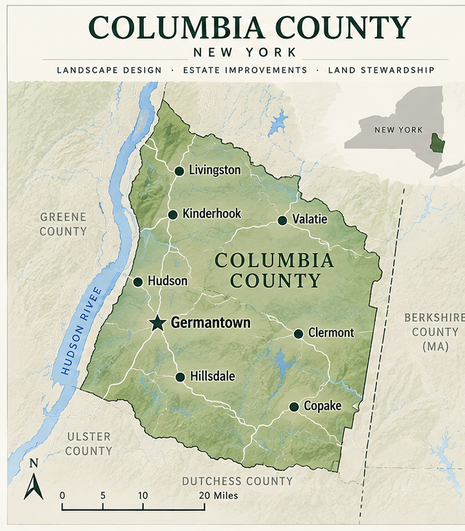 Map of Columbia County, New York, showing towns including Livingston, Kinderhook, Valatie, Hudson, Germantown, Hillsdale, Clermont, and Copake, with the Hudson River on the left and surrounding counties shown. It highlights landscape design, estate improvements, and land stewardship.