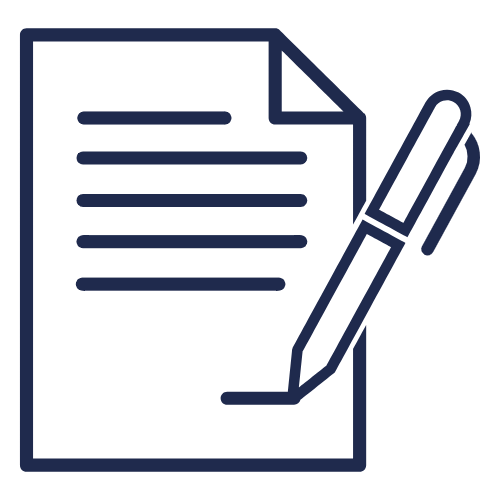 Icon of a document with lines of text and a pen writing on it.