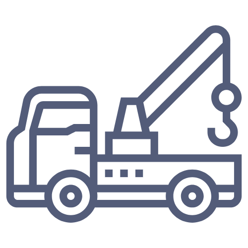 Line drawing of a tow truck with a crane lifting a car.