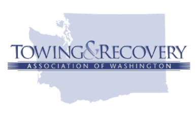 Logo for Towing & Recovery Association of Washington with a light blue map of Washington State in the background.