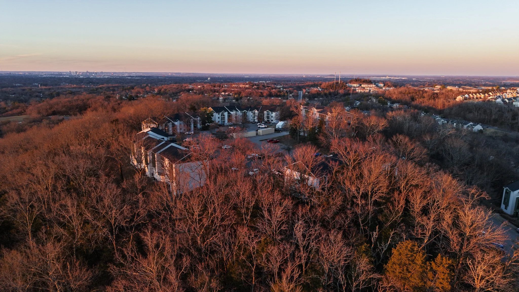 Aerial view of a residential area. Apartment buildings during sunset in Nashville.