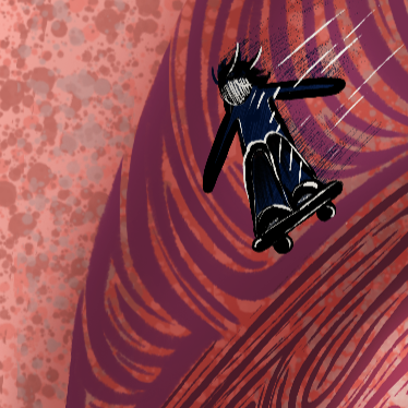 A cartoon character skateboarding down a large, swirling, purple and red striped hill or surface.