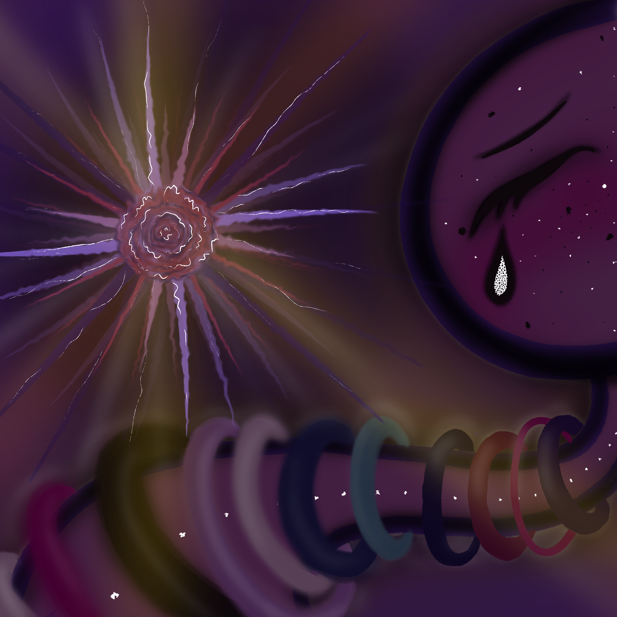 Abstract digital artwork with swirl, bright lightning-like streaks, and star-like specks on a dark background.