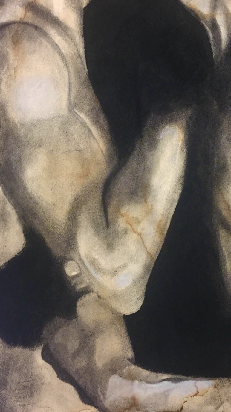 Abstract art featuring subdued, earthy tones and organic shapes that resemble a human body in a serene, contemplative pose.