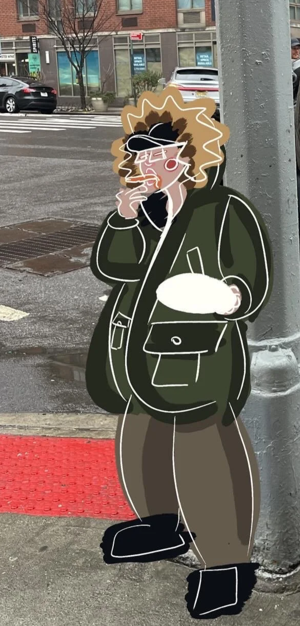 Street corner with a painted illustration of a woman with curly hair, sunglasses, and winter clothing, holding a pastry and smoking, superimposed on urban sidewalk background.