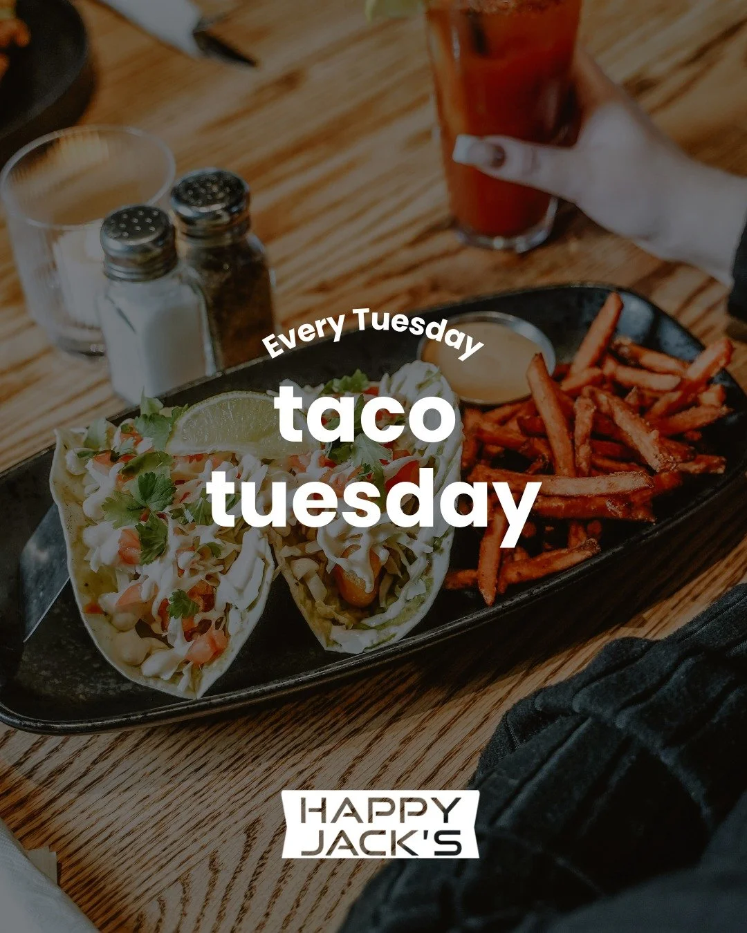 Taco Tuesday is calling 🌮🔥

Did you know? Every Tuesday is Taco Tuesday at all Happy Jack&rsquo;s locations:

&bull; 3 taco options to choose from
&bull; 2 tacos + chips for a discounted price

The easiest dinner plan of the week if you ask us 😏

