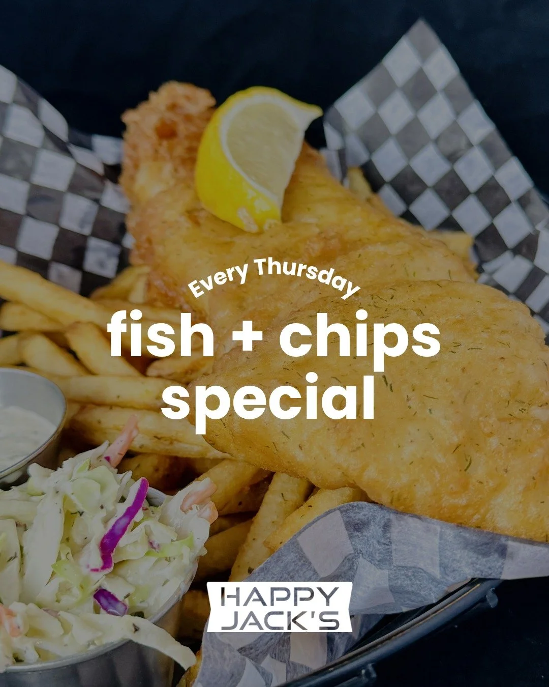 Thursday just got tastier 🐟🍟 ​

Enjoy our 1 pc fish &amp; chips for just $15 every Thursday at all Happy Jack&rsquo;s locations. ​

Crispy, golden, and exactly what you&rsquo;re craving heading into the weekend.​

📍Parksville: 834 Island Hwy W ​
?