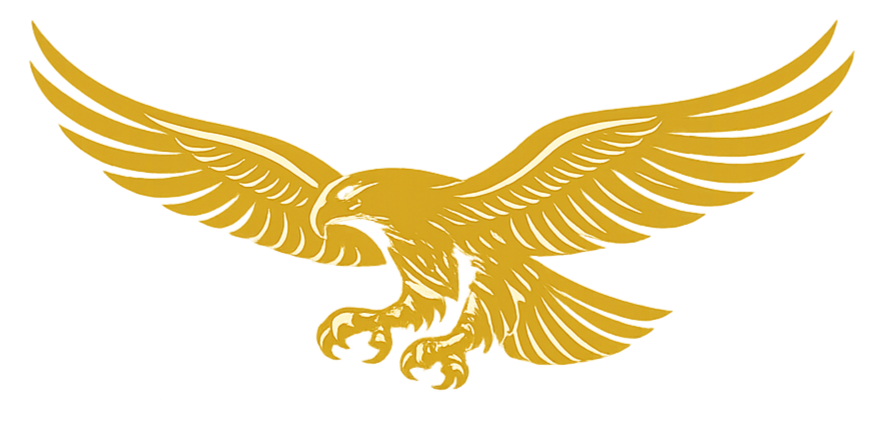 A golden eagle with outstretched wings, facing forward.
