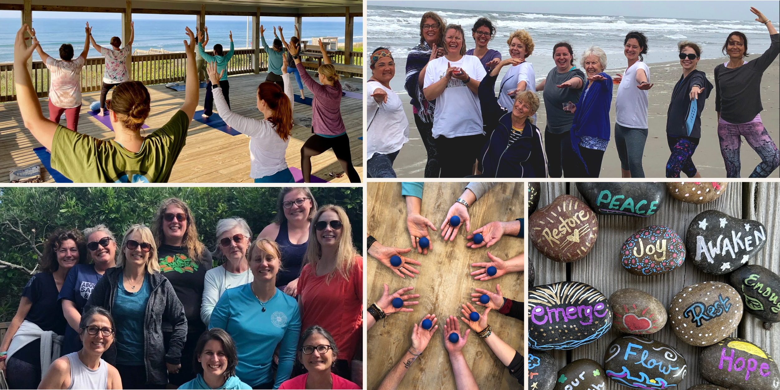 A collage of five photos showing people engaging in activities like yoga on a deck, group on a beach, group outdoors, hands with rocks, and painted rocks with words like 'peace,' 'joy,' and 'hope'.