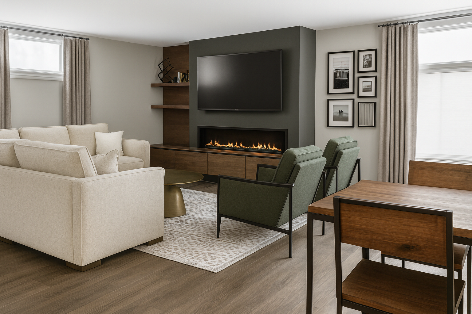 Living room design with fireplace and cuatom built ins