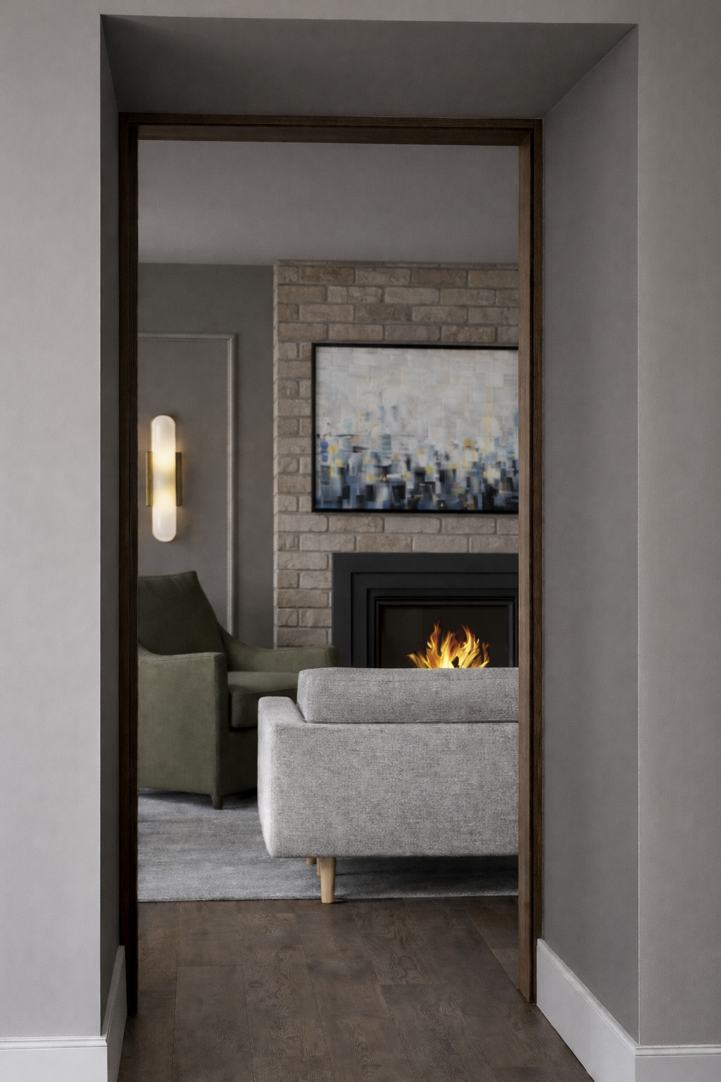 Interior design photo with fireplace and wall sconce