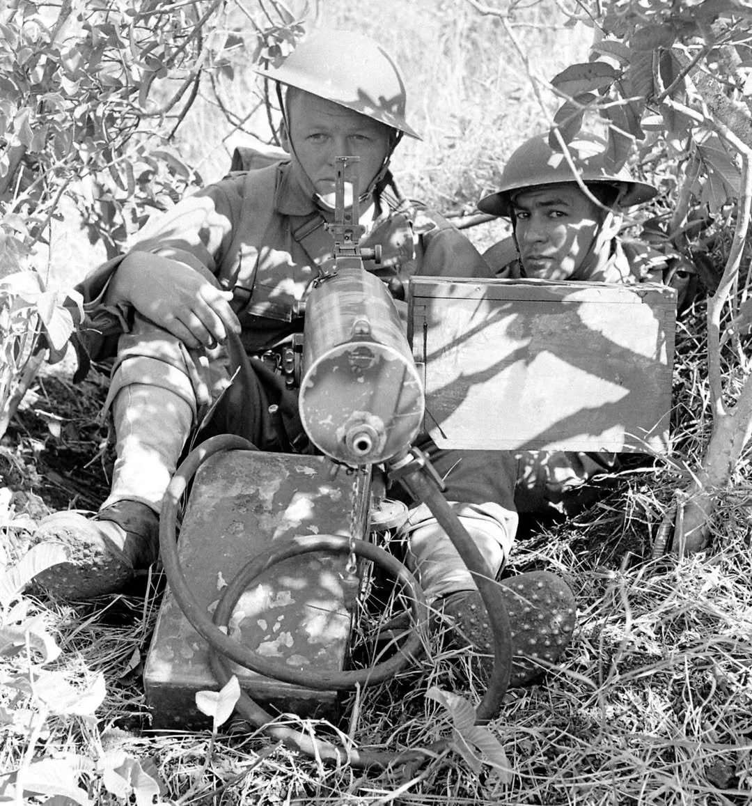 Two soldiers in helmets and military uniforms lying in grass and bushes, one manning a mounted machine gun with a wooden shield.