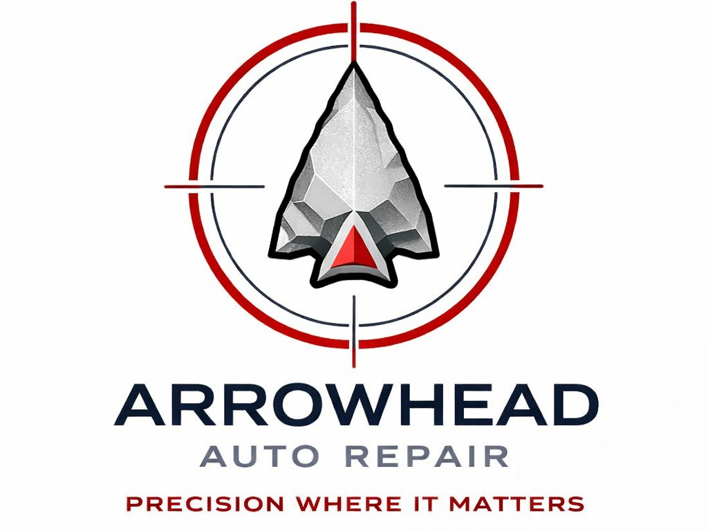 Logo for Arrowhead Auto Repair featuring a stylized mountain arrowhead within a crosshair target, with the text "Arrowhead Auto Repair" and the slogan "Precision Where It Matters."
