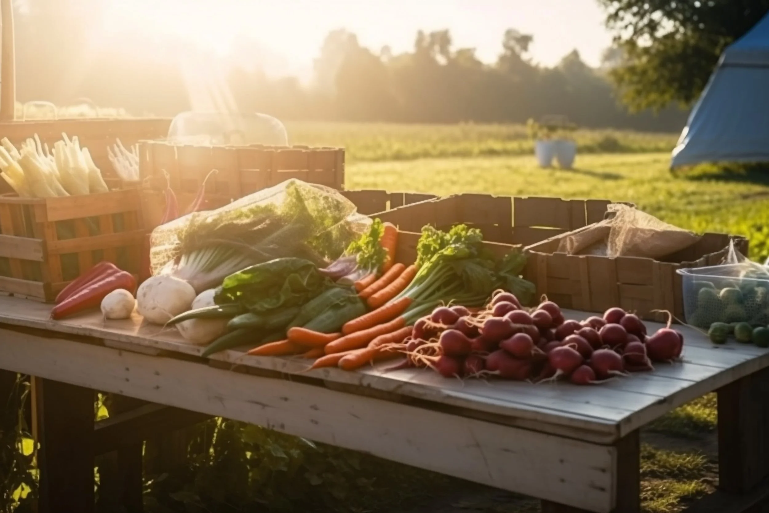 Fresh vegetables displayed on a wooden table outdoors at sunset, including carrots, radishes, lettuce, mushrooms, and a green pepper, with a grassy field and trees in the background.