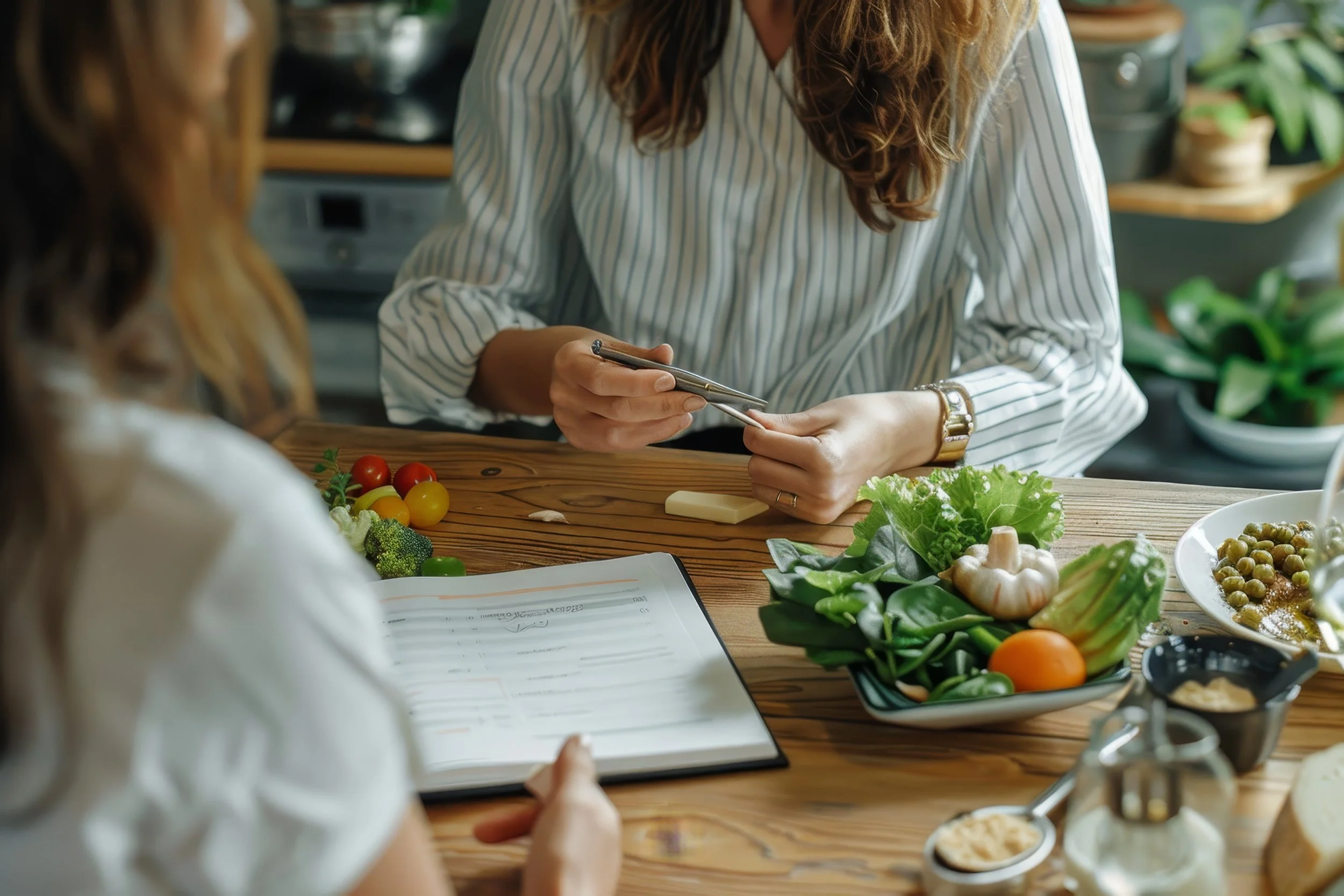 Two women sitting at a wooden table with fresh vegetables, a notebook, and a pen, engaged in a discussion about food or cooking.