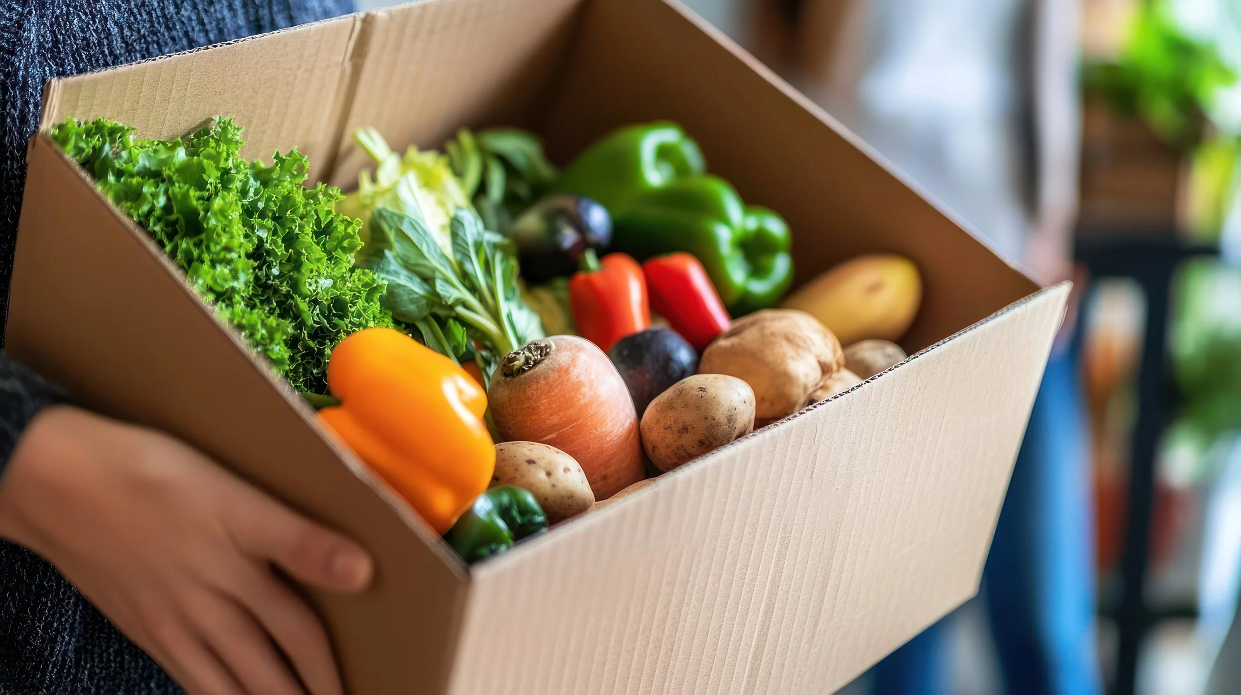 A cardboard box filled with fresh vegetables including green lettuce, yellow bell pepper, red bell pepper, green bell pepper, eggplant, potatoes, onion, and zucchini.