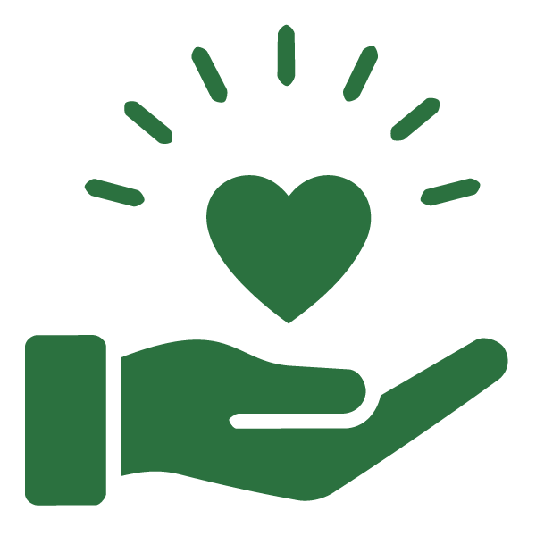 Illustration of a hand holding a heart with radiating lines above it.