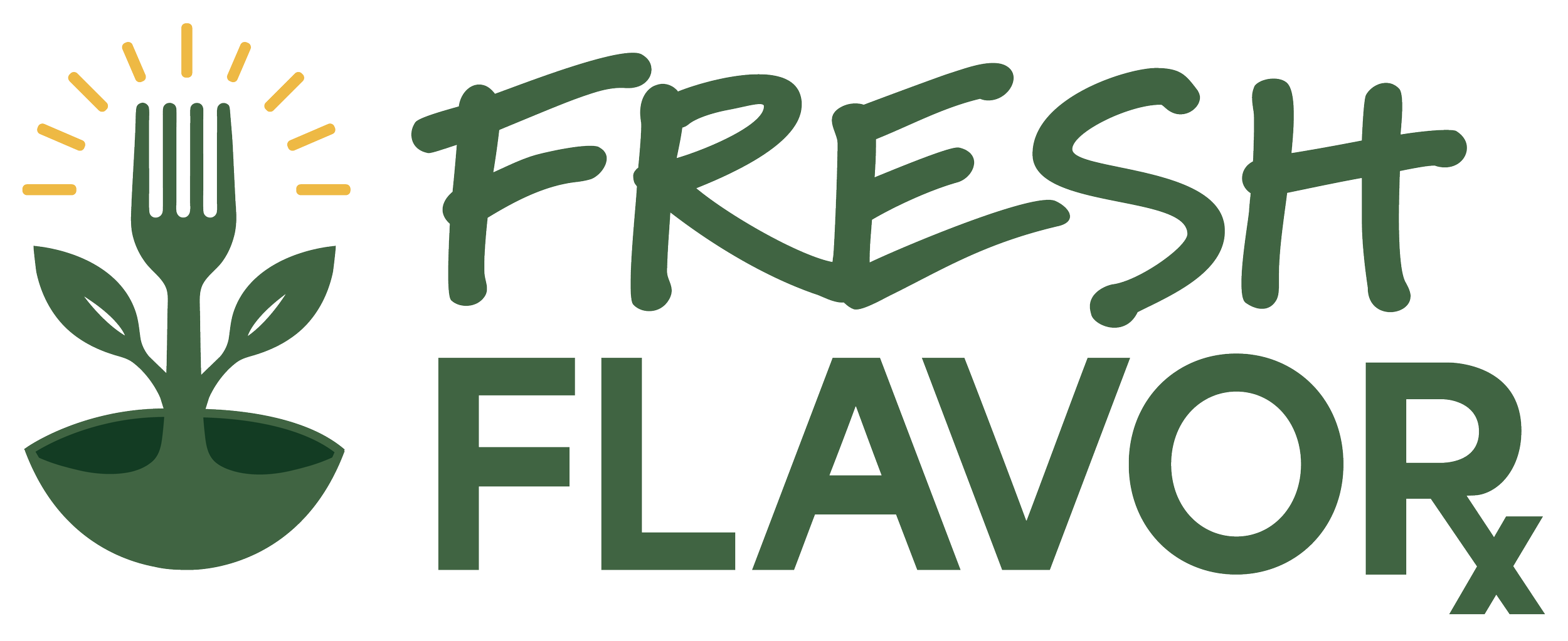 Logo with a fork and leaves, with the words "Fresh Flavor" in stylized green text.