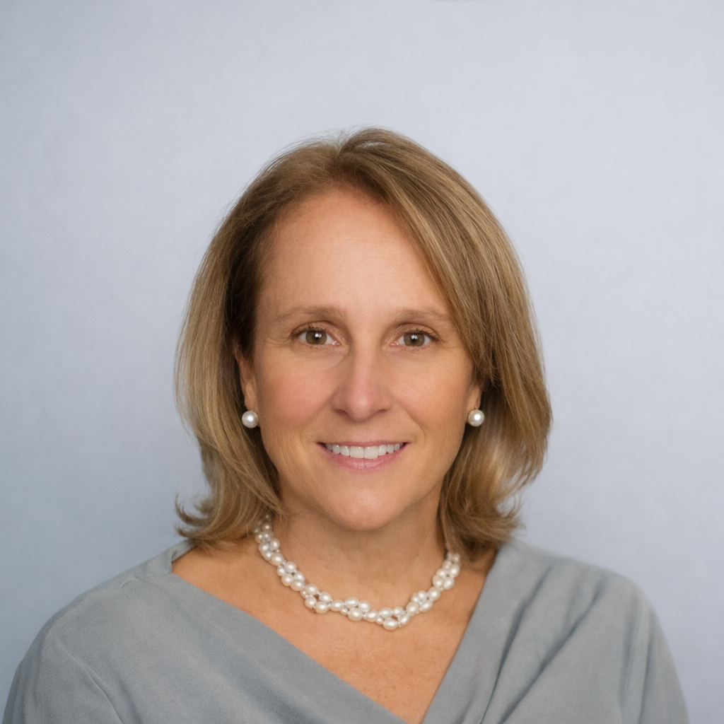 A woman with shoulder-length blonde hair smiling, wearing pearl earrings, a pearl necklace, and a gray top, against a light gray background.
