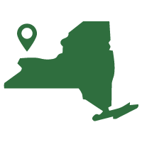 Silhouette map of New York state with a location pin on western ny.