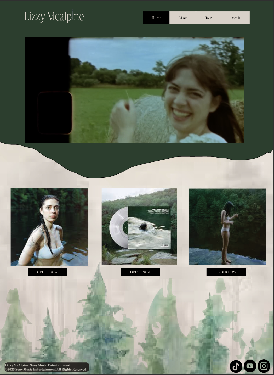 A webpage design featuring an artist named Lizzy McAlpine. The top section shows a large photo of a smiling woman outdoors in a nature setting. Below, there are three images: a woman in water, an album cover with a vinyl record, and a woman standing by water, each with an order button beneath.