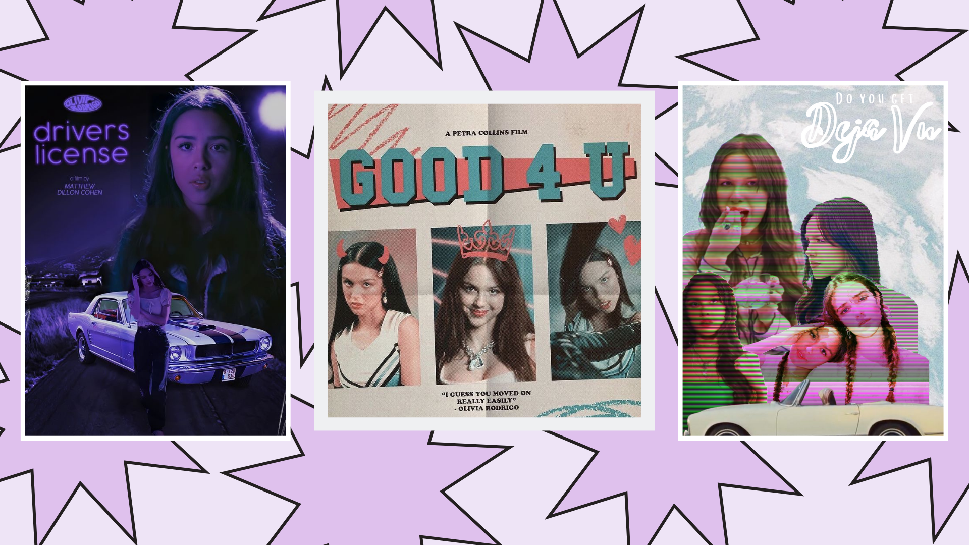 A collage of three images: the first on the left features a young woman with long hair standing in front of a purple-lit car at night, with the title "drivers license"; the middle image shows a vintage-style poster titled "GOOD 4 U" with pictures of a girl in various poses and a quote by Olivia Rodrigo; the right image depicts a group of girls with braided hair against a sky background, with the title "Do You Get Daze Vau" written at the top.