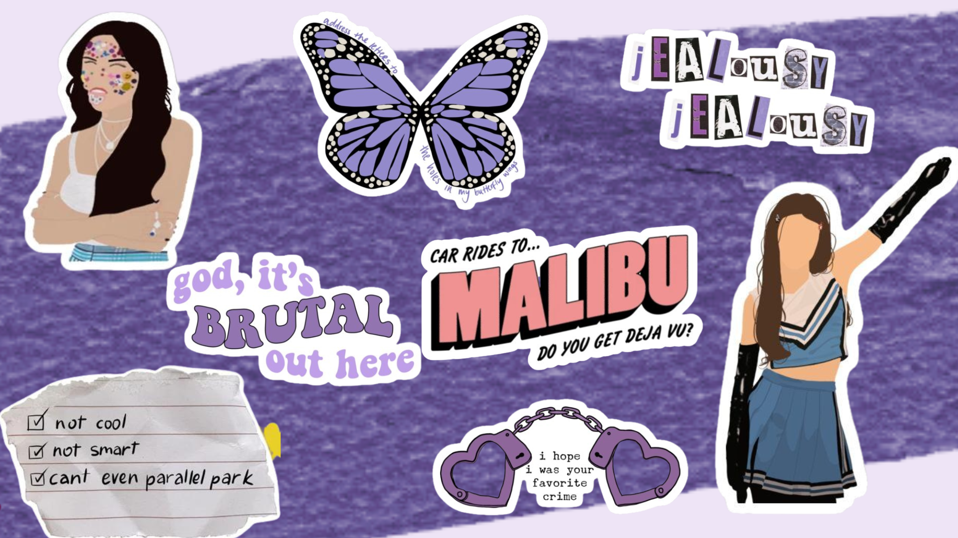A collage of various stickers, including two illustrated women, a butterfly with text, a pair of purple handcuffs, and doodles with text such as "Malibu," "Jelousy" repeated, and quotable phrases like "god, it's BRUTAL out here" and "i hope i was your favorite crime."