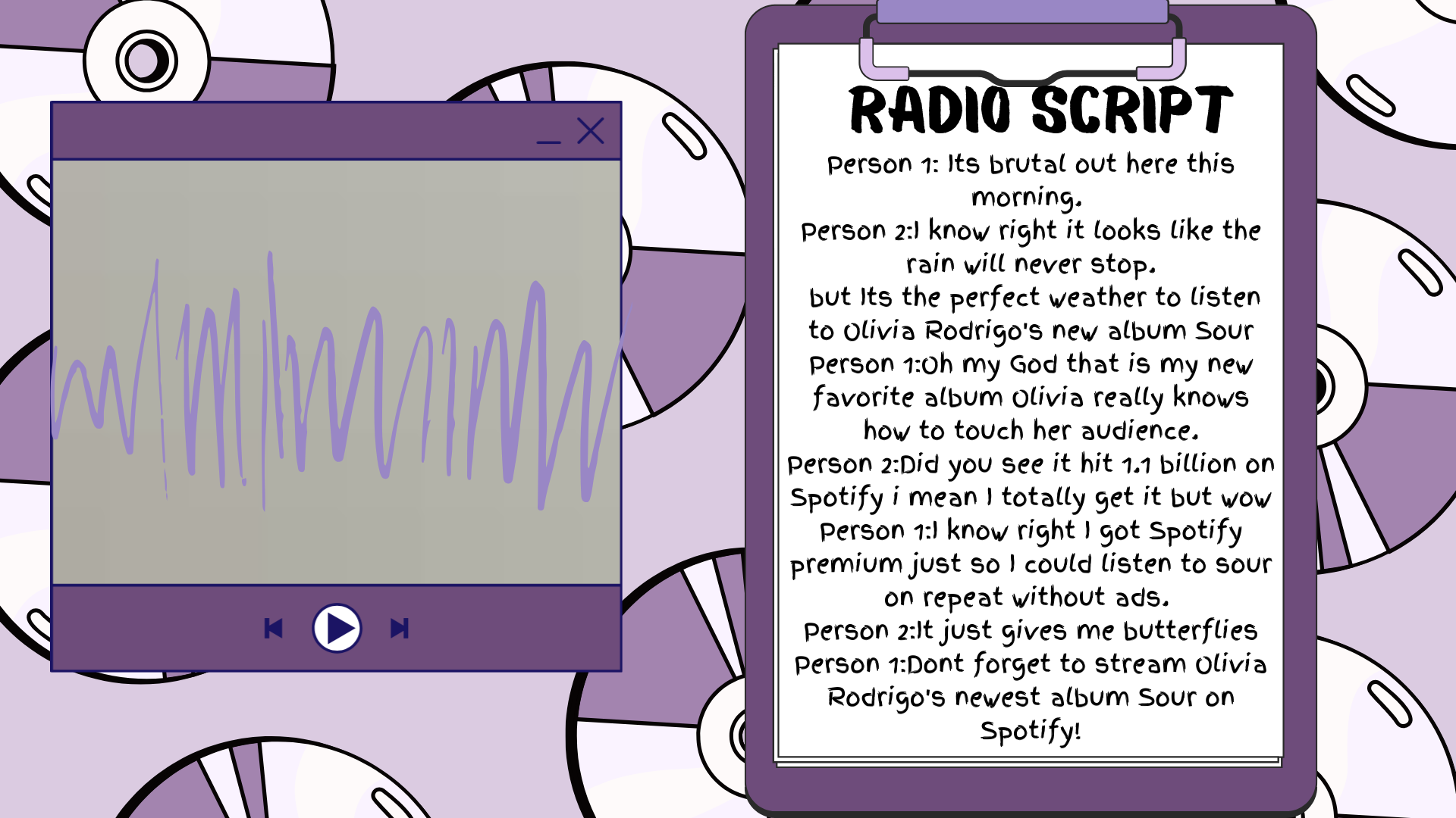 Illustration of a purple music player with a soundwave, beside a purple clipboard with the title 'Radio Script' filled with handwritten dialogue about Olivia Rodrigo's new album, on a background of purple and white compact discs.
