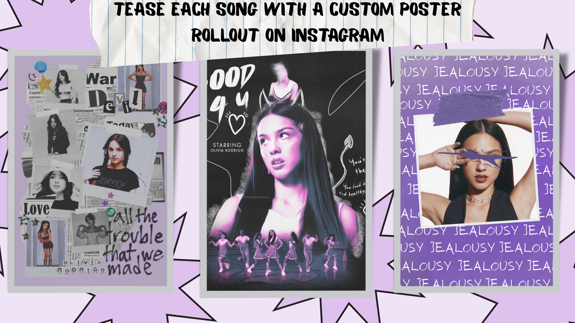 A collage of three posters featuring a young woman with dark hair in different artistic styles. The first poster on the left is a scrapbook-style collage with photos, newspaper clippings, and colorful stickers, with the phrase 'All the trouble that we made.' The middle poster shows a stylized illustration of the woman with the words 'Food 4 u' and a group of young dancers at the bottom. The right poster has a close-up photo of the woman holding her hand to her head, with the background filled with the word 'Jealousy' repeated multiple times in white and purple.