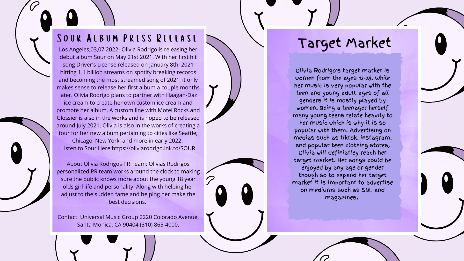 Two purple informational posters with black text and a light purple background. The left poster details Olivia Rodrigo's sour album release and her plans for promoting her music, including collaborations with Haagen-Dazs ice cream and Motel Rocks. It also provides a PR team contact. The right poster describes Olivia Rodrigo's target market as young women aged 12-28, her popularity among teens and young adults, her advertising strategies on TikTok, Instagram, and teen fashion stores, and the importance of media presence for her music's success.