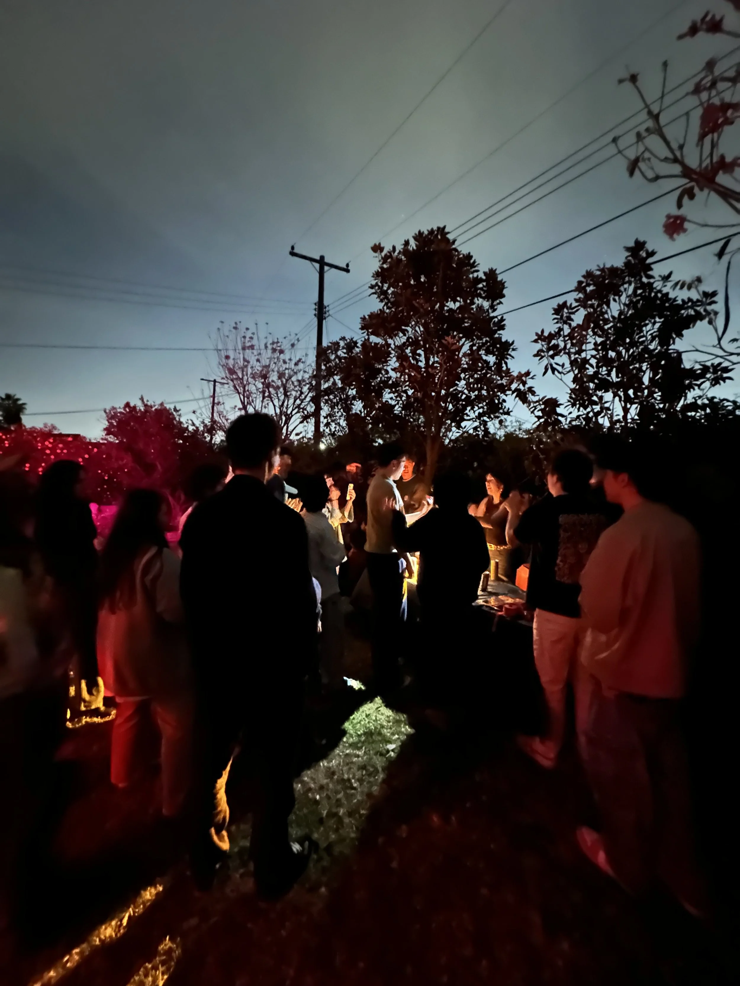 People gathered outdoors during nighttime around a table, illuminated by warm lights, with trees and power lines in the background.