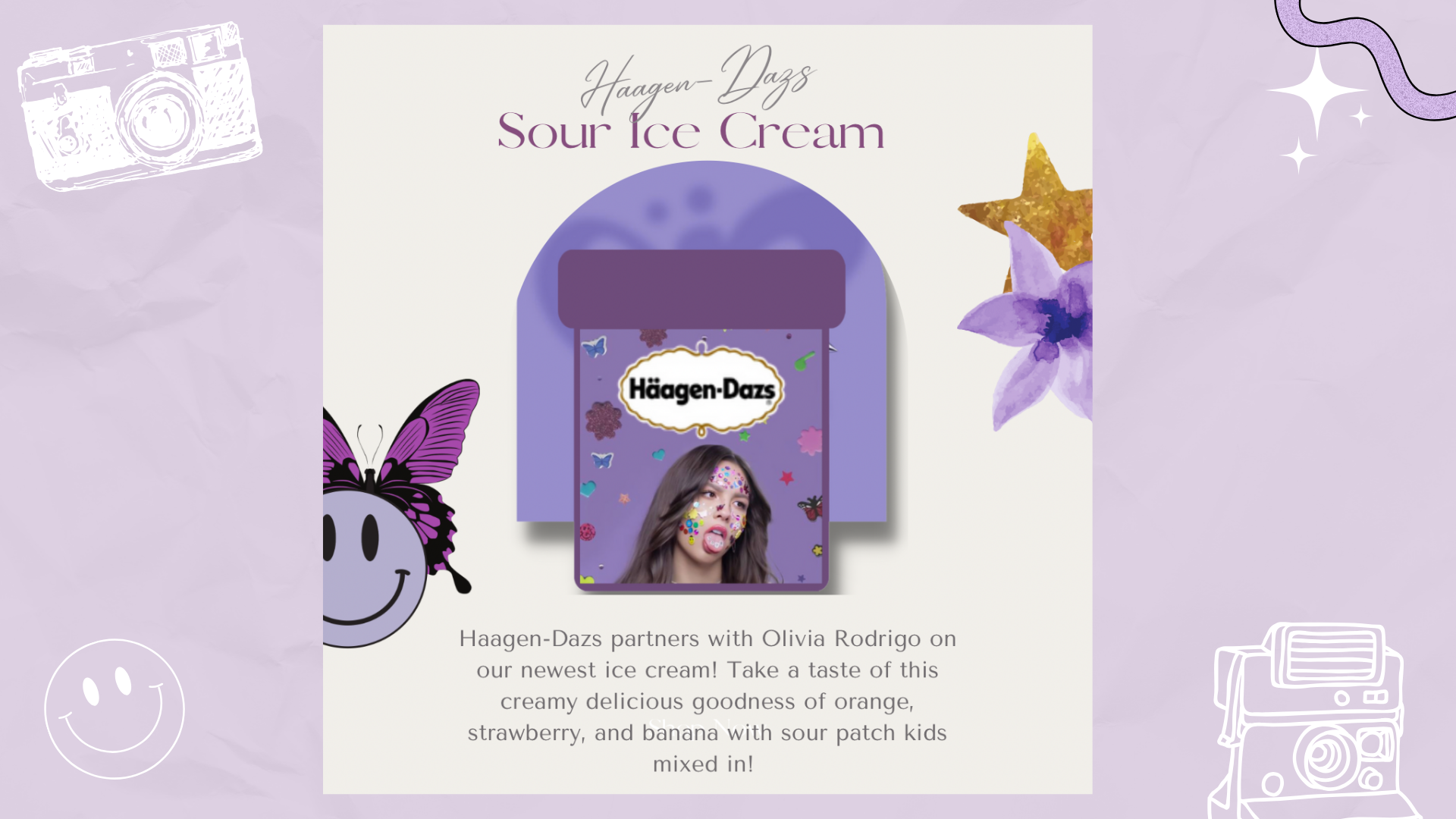 Häagen-Dazs sour ice cream with a purple container featuring a woman's face and colorful stickers, surrounded by purple flowers and stars.