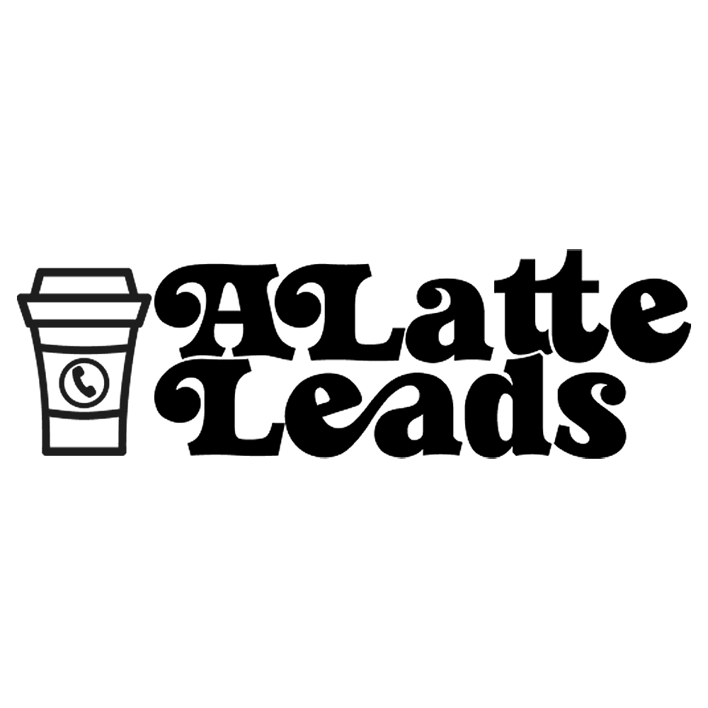 Company Logo for A Latte Leads - Silhouette of a coffee cup beside the words A Latte Leads in a casual bold font.