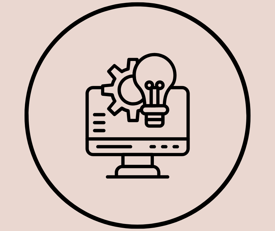 Line drawing of a computer monitor with a gear, lightbulb, and code lines inside, enclosed in a circle.