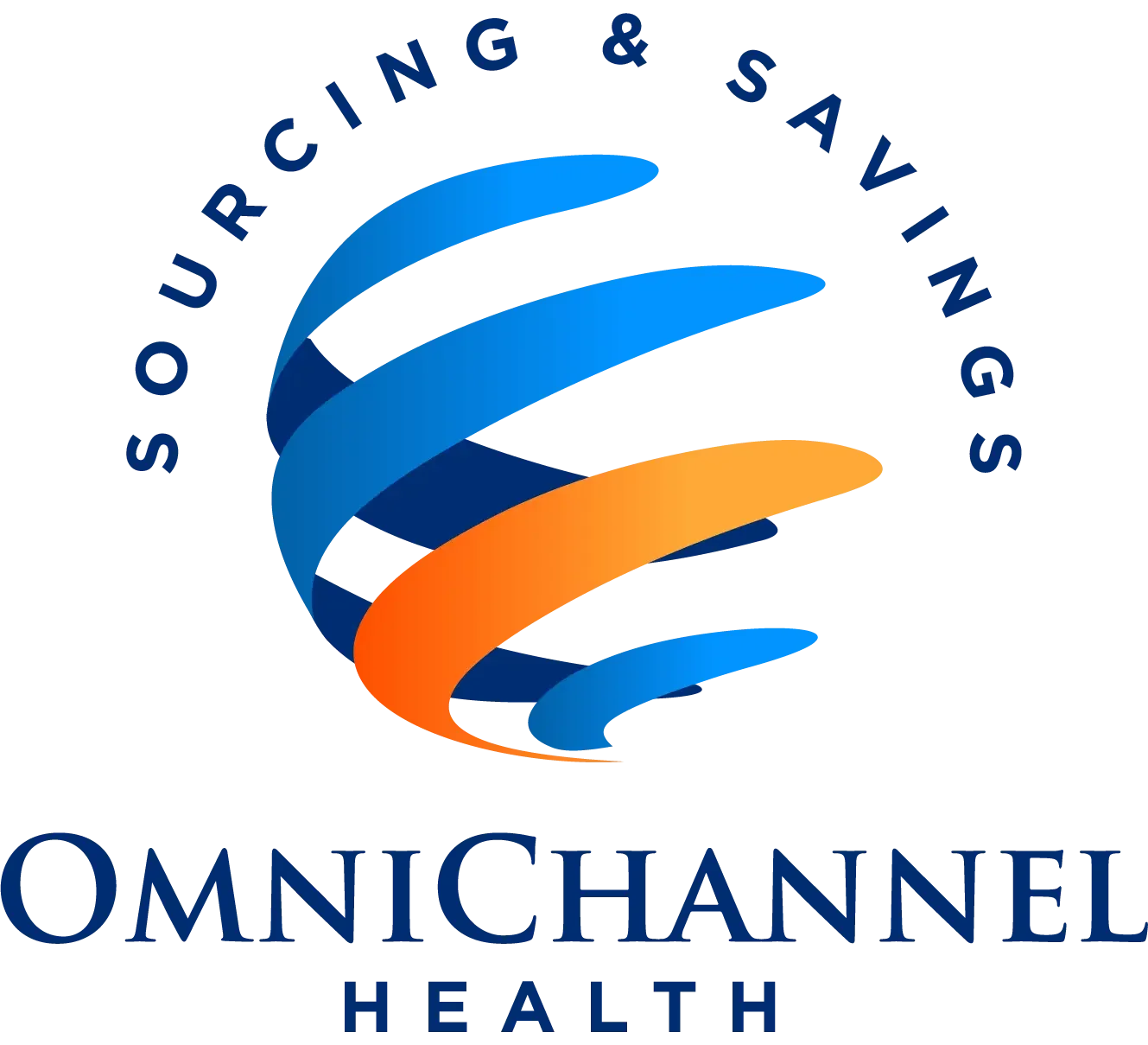 Omnichannel Health logo with a stylized globe composed of blue and orange swooping lines and the text "Supporting & Saving Lives" encircling the globe.
