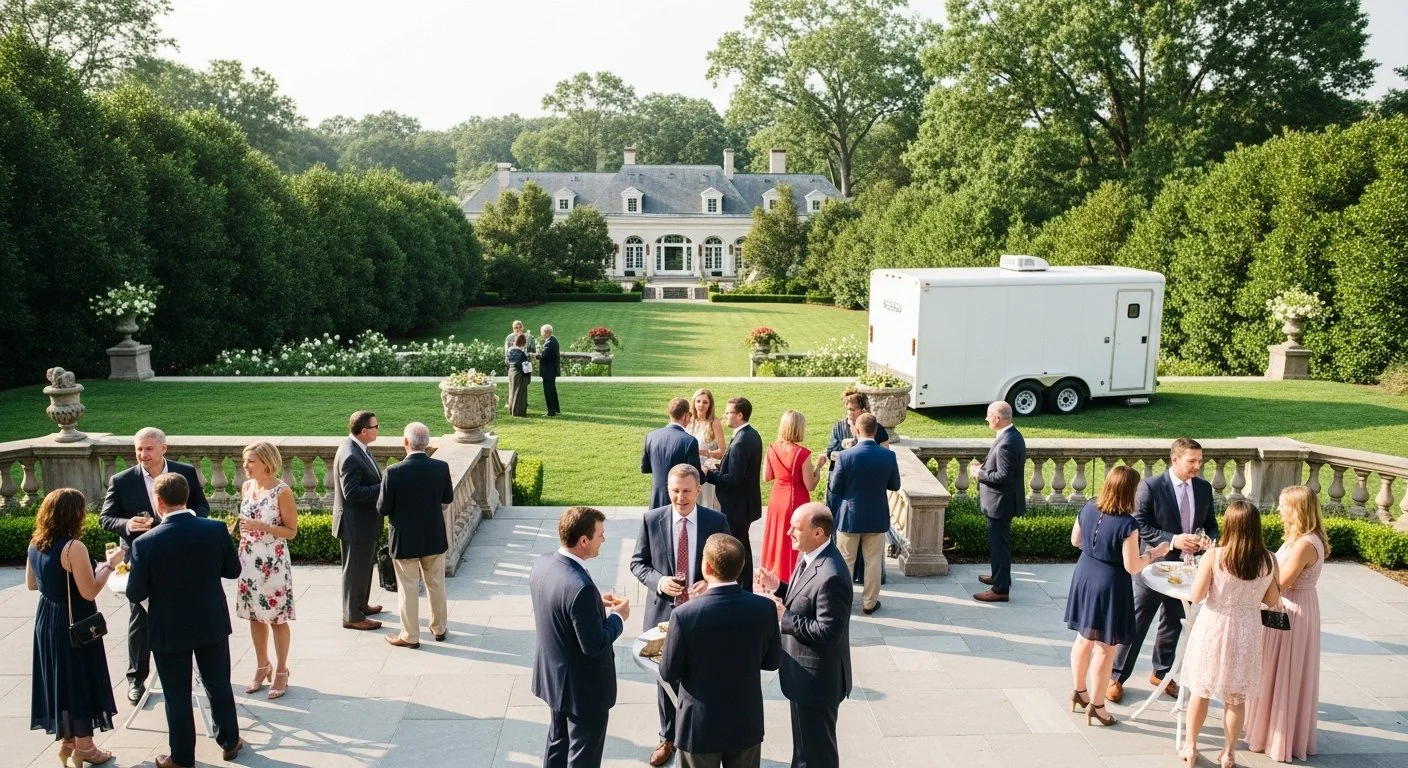 People gathered at an outdoor event on a spacious terrace with a lawn, trees, and large white house in the background. Some guests are holding drinks and talking, while others are standing in groups or pairs.