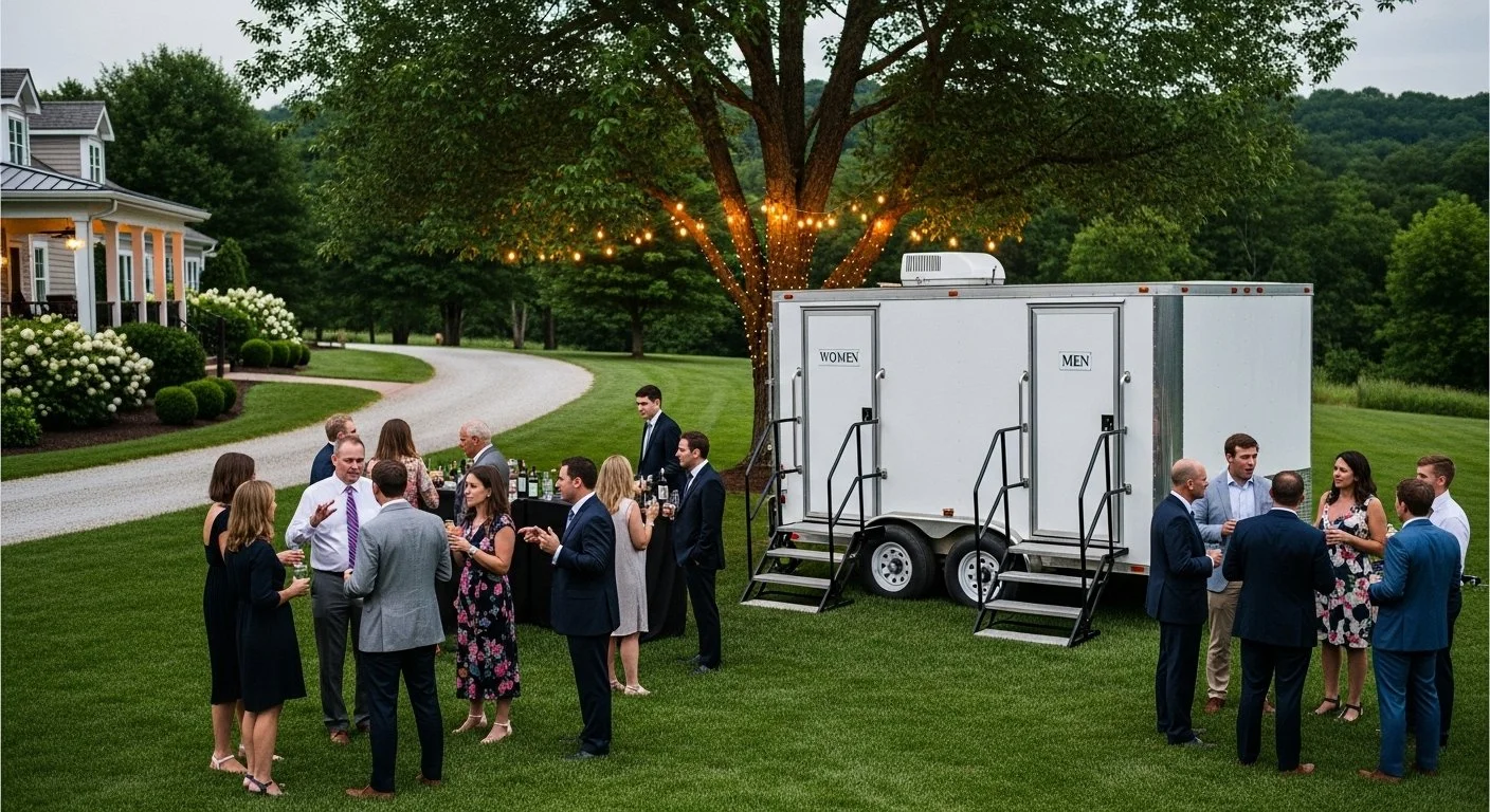 Group of people at an outdoor party, socializing near a white trailer with separate men's and women's restrooms, set in a lush green yard with trees and a winding driveway, decorated with string lights.