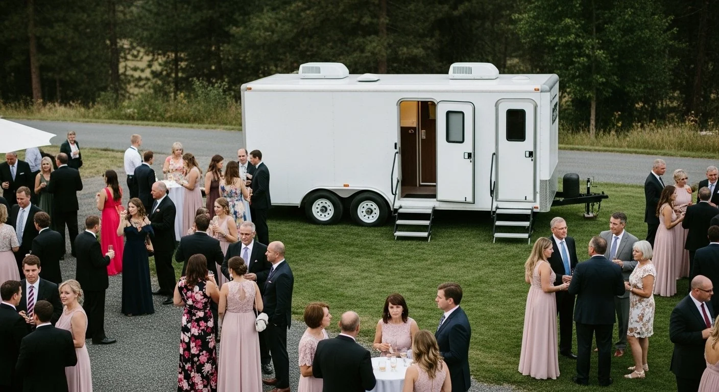 People gathered outside at a wedding or social event near a white mobile trailer, with some holding drinks and socializing on a grassy area and paved path, backed by trees.