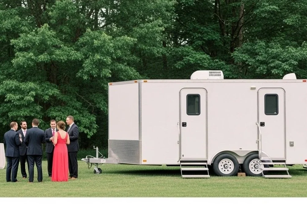 Group of people in formal attire standing outdoors near a white trailer with a lush green treeline in the background.