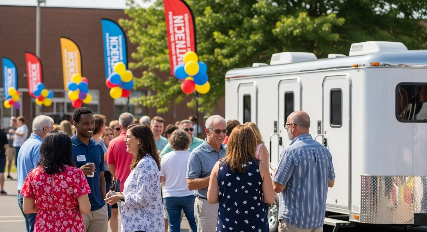 People socializing at an outdoor event with colorful banners and balloons, standing near a white food truck on a sunny day.