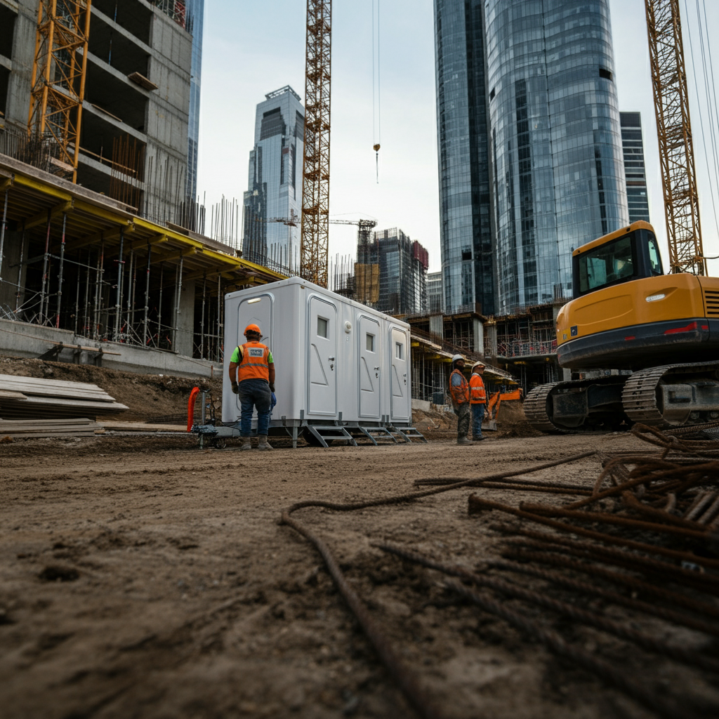 Construction workers in safety vests and helmets working on a construction site with tall buildings, cranes, and construction equipment in an urban city with a mobile restroom trailer.
