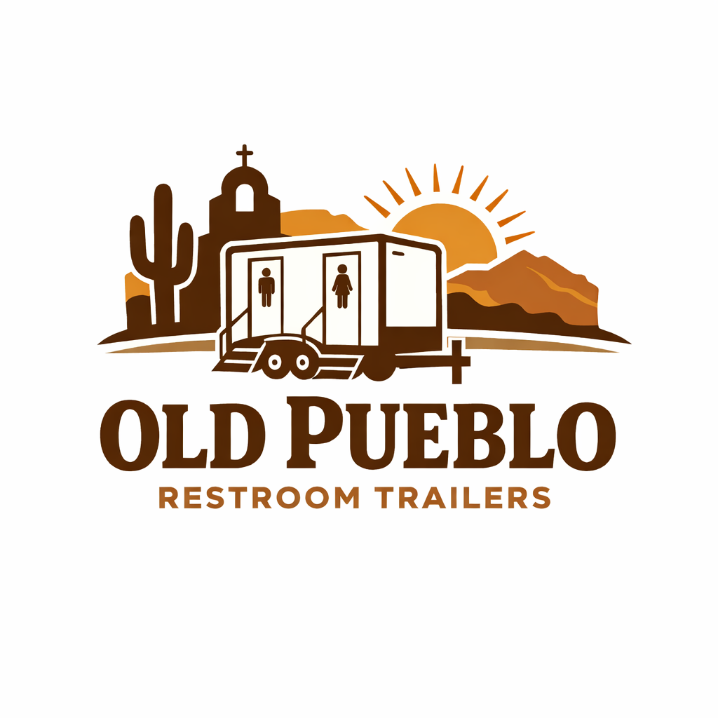 Illustration of a desert landscape with mountains, a cactus, and a church with a cross, featuring a trailer with two restroom doors and a sunset in the background. The text reads 'Old Pueblo Restroom Trailers.'
