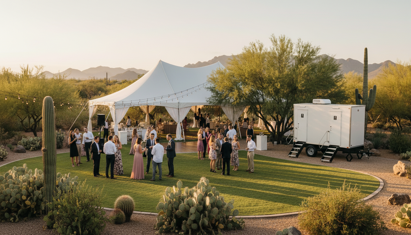 Outdoor wedding reception in a desert landscape with cacti, a white tent, and string lights, during sunset.