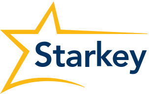 Logo of Starkey featuring a yellow star with a black outline and a blue wordmark.