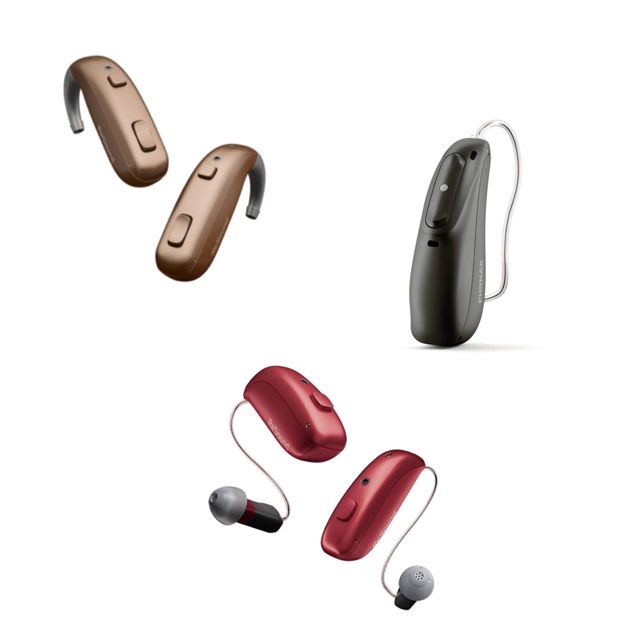 Display of two hearing aid models, one black and one red, with an illustration of their components such as receivers, microphones, and controls.