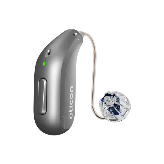 Oticon_Intent_miniRITE_H1-2024_Left_C092SteelGrey_LEDgreen_Speaker60_OpenBassDome_1200x1200px_Original file.webp